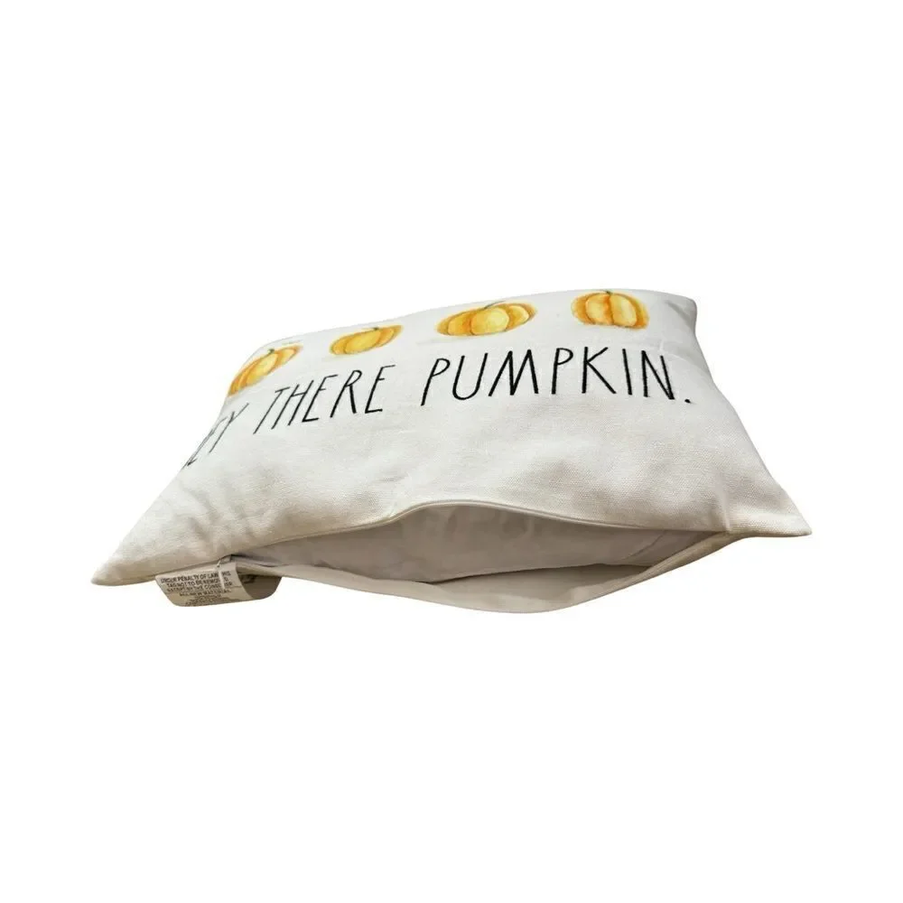 Rae Dunn Hey There Pumpkin Throw Feather Filled Pillow Yellow White Cotton NWOT